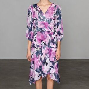 DKNY Floral Balloon Sleeve Tie Waist High Low Dress size‎ 10